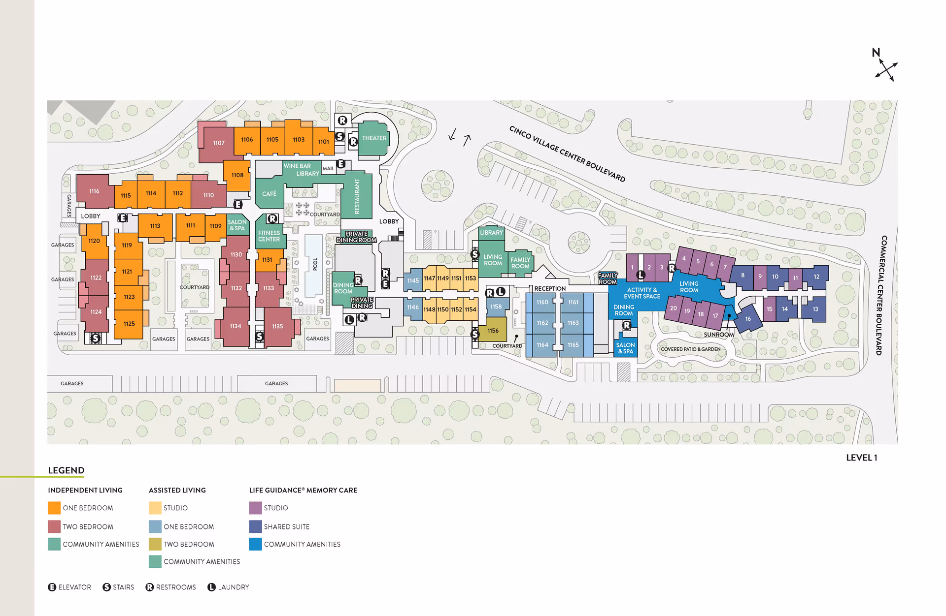 Floor plan of Atria Cinco Ranch senior living facility showing different living areas including independent living, assisted living, and memory care. The map highlights various room types such as one-bedroom, two-bedroom, studios, shared suites, and community amenities like a theater, wine bar, library, fitness center, salon & spa, dining rooms, activity & event space, and courtyards. The layout also indicates locations of elevators, stairs, restrooms, and laundry facilities.