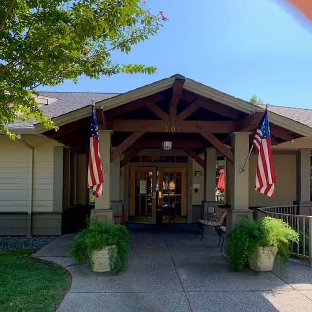 Covered front entrance of a single-story building with double glass doors, two American flags, and potted ferns flanking the walkway.