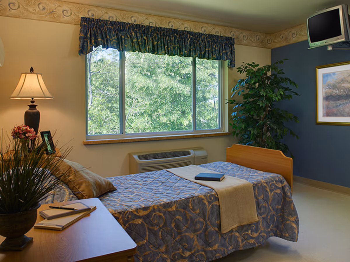 A single bed in a senior living facility room with a patterned blue and gold bedspread and a beige throw. A book rests on the bed. There is a wooden nightstand with a lamp, a framed photo, and a small plant. A large window with blue curtains shows green trees outside. A potted plant is in the corner, and a small TV is mounted high on the wall next to a framed landscape painting.