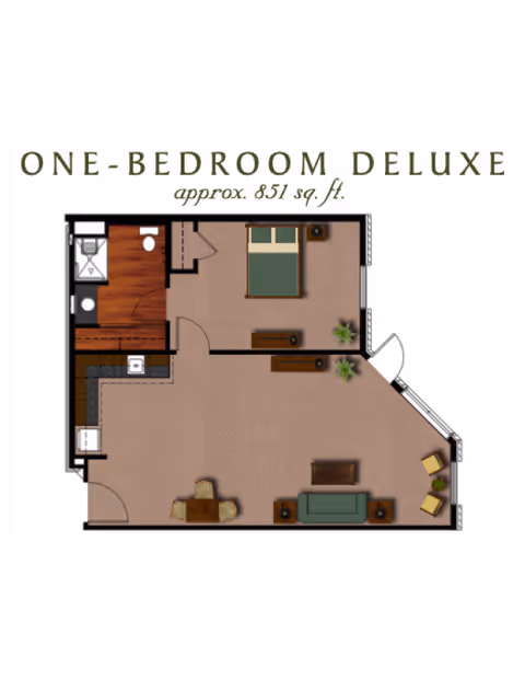 Floor plan diagram labeled 'One-Bedroom Deluxe approx. 851 sq. ft.' showing a living area, kitchen, bedroom and bathroom.