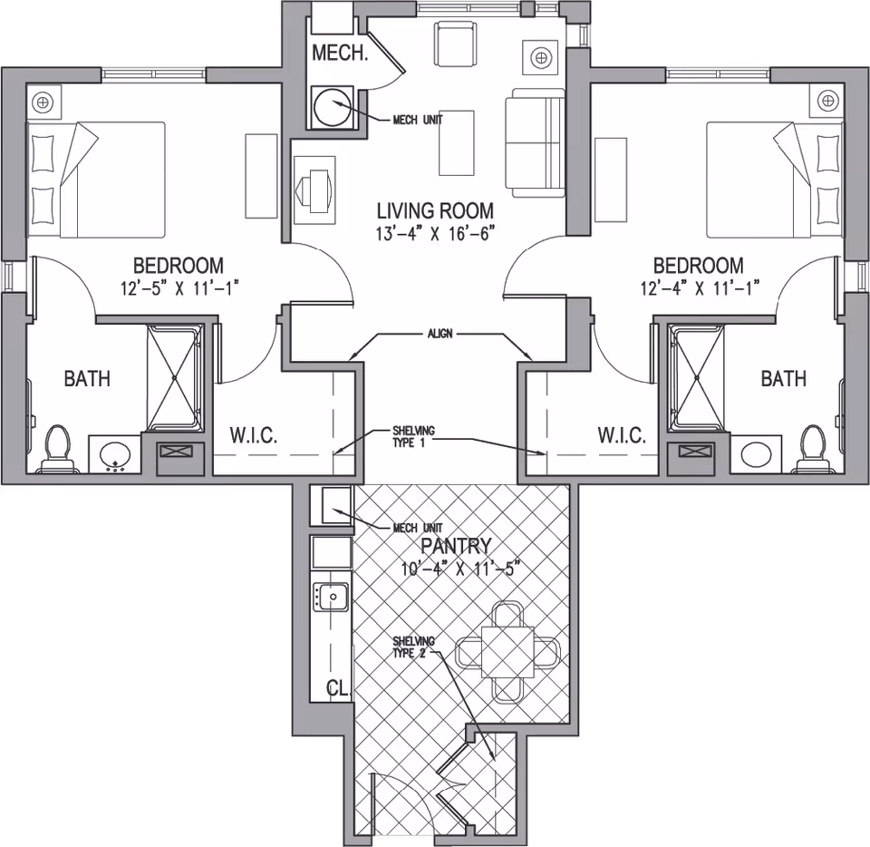 Architectural floor plan of a living space at Landow House showing two bedrooms each with a bathroom and walk-in closet, a central living room, and a pantry area with shelving and a small dining table.