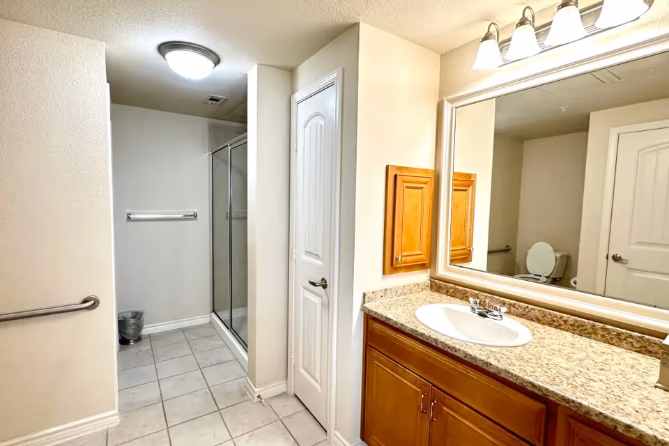A clean bathroom with a granite countertop sink, wooden cabinets, a large mirror with lights above, a glass-enclosed shower, a white door, a towel rack, and a toilet partially visible in the mirror reflection.