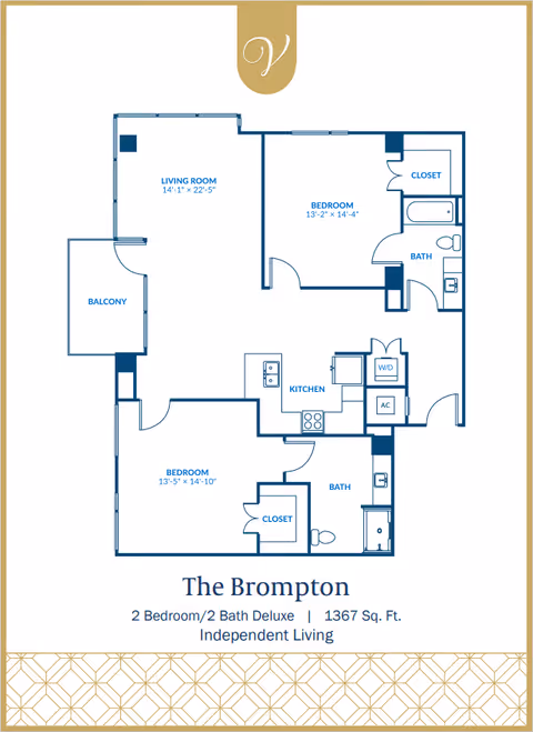 Blueprint-style floor plan titled 'The Brompton' for a 2-bedroom, 2-bath apartment showing labeled living room, two bedrooms, kitchen, bathrooms, closets, balcony and room dimensions.