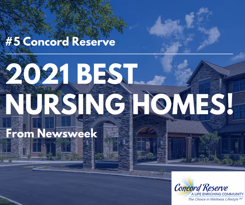 Exterior view of a large nursing home building with stone and brick facade under a blue sky with some clouds. Text overlay reads '#5 Concord Reserve 2021 BEST NURSING HOMES! From Newsweek'. The Concord Reserve logo is visible in the bottom right corner.