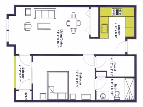 Floor plan of a one-bedroom apartment at Bethesda Gardens showing a living/dining area, kitchen, bedroom, bathroom, closet, balcony, and HVAC area with dimensions labeled for each room.