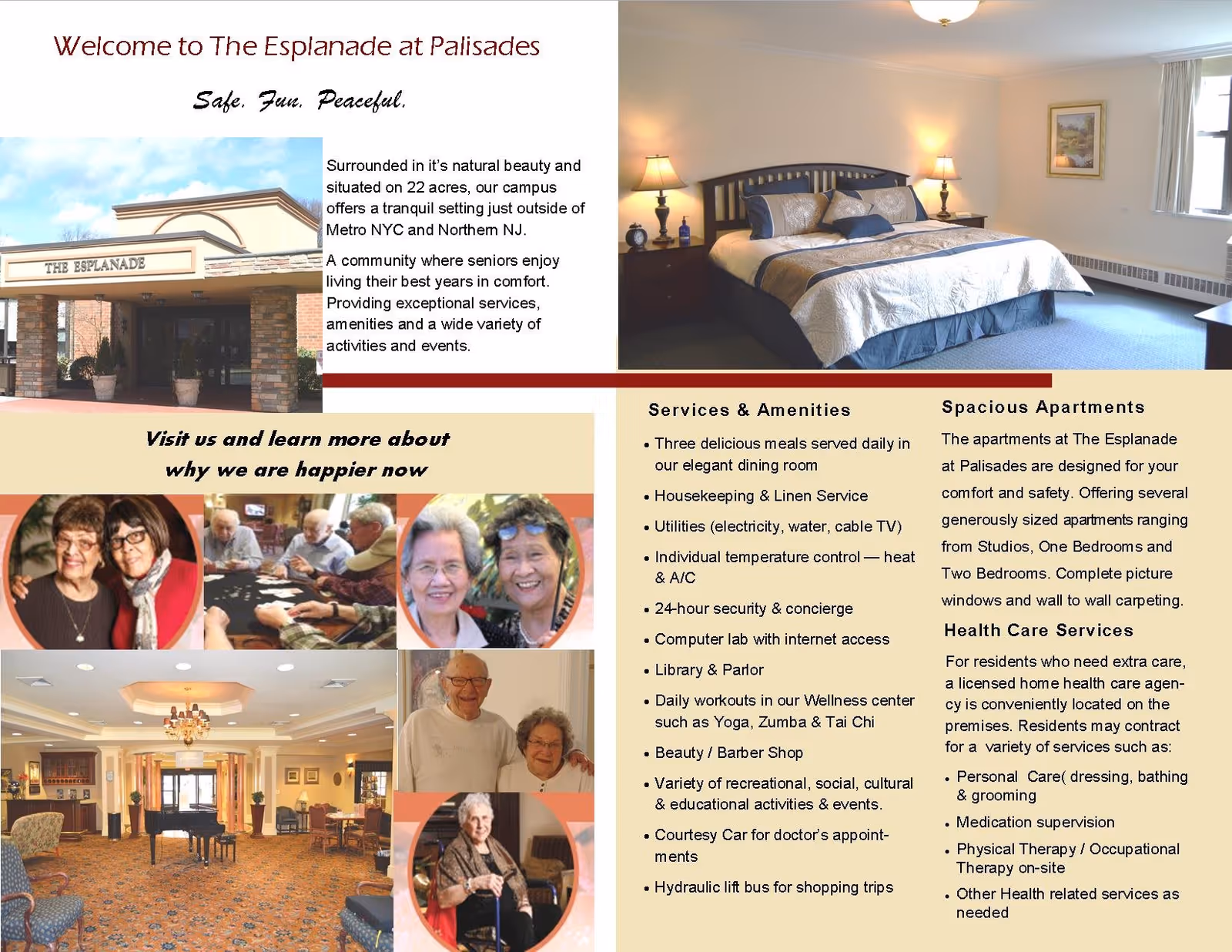 Brochure for The Esplanade at Palisades senior living facility featuring an exterior view of the building entrance, a furnished bedroom with a large bed and nightstands, a lobby area with seating and a piano, and photos of smiling elderly residents engaged in activities. The brochure highlights services and amenities such as meals, housekeeping, utilities, wellness center, beauty/barber shop, and health care services.