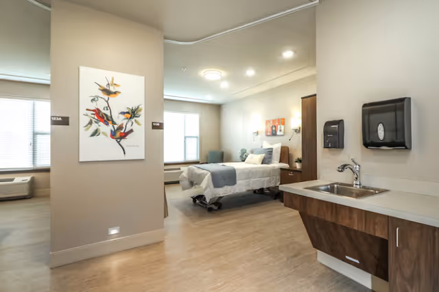Spacious senior living bedroom with a medical-style bed, bedside furniture, wall art, windows, and a sink counter in the foreground.
