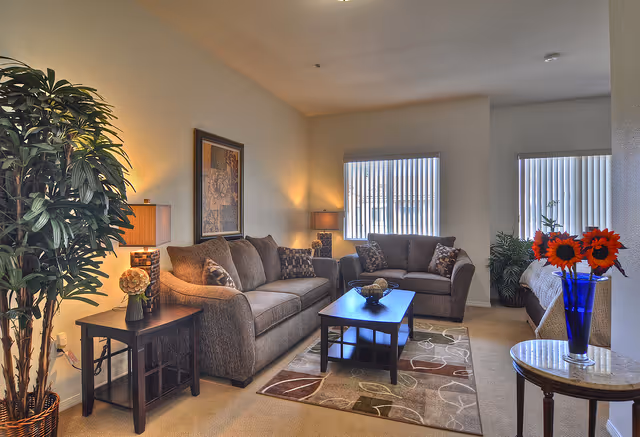 Cozy living room with two gray sofas, a coffee table on a patterned rug, side tables and lamps, plants, and a vase of red flowers by the window.