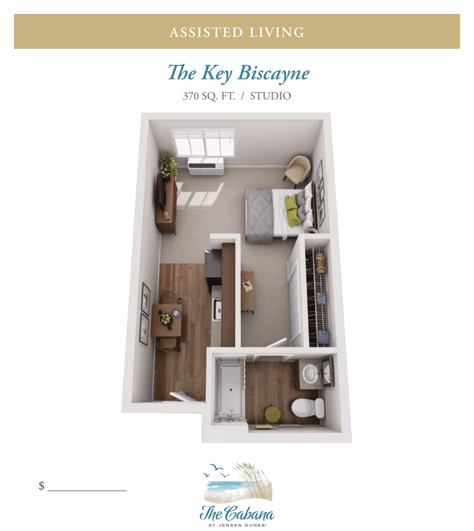 Floor plan of The Key Biscayne studio apartment at The Cabana at Jensen Dunes showing a 370 square feet layout with a combined living and sleeping area, a small kitchen, a dining table, a bathroom with a shower, toilet, and sink, and a closet.