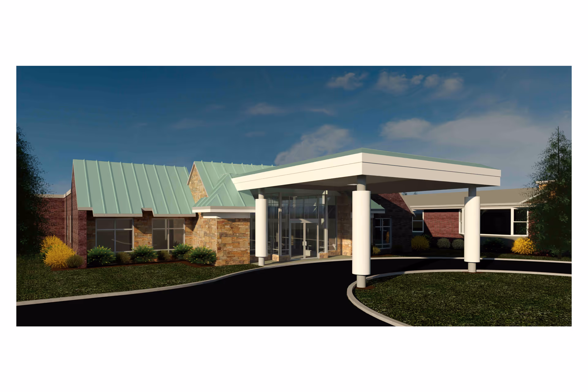 Front entrance of a single-story assisted living building with a covered drive-through canopy, stone and brick facade, and green metal roofs.