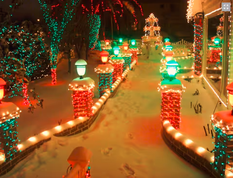 A snow-covered outdoor pathway lined with brick pillars wrapped in red and white Christmas lights, topped with glowing green and red lanterns. Trees and bushes along the path are decorated with green and red string lights, creating a festive holiday scene at night.