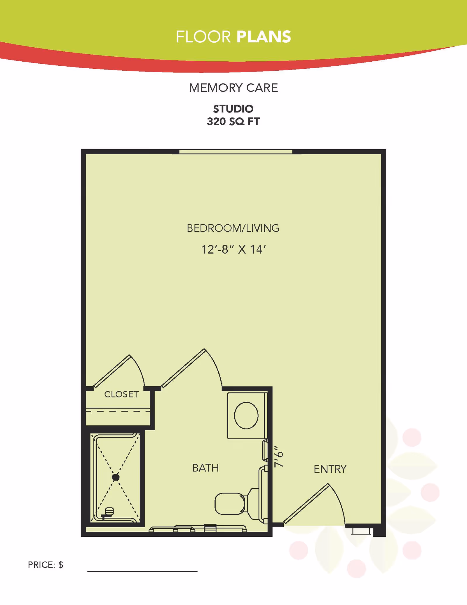 Floor plan for a memory care studio apartment at Orchard Park at Southfork Assisted & Senior Living, showing a 320 square foot layout with a combined bedroom and living area measuring 12 feet 8 inches by 14 feet, a bathroom with a shower, toilet, and sink, a closet, and an entryway.