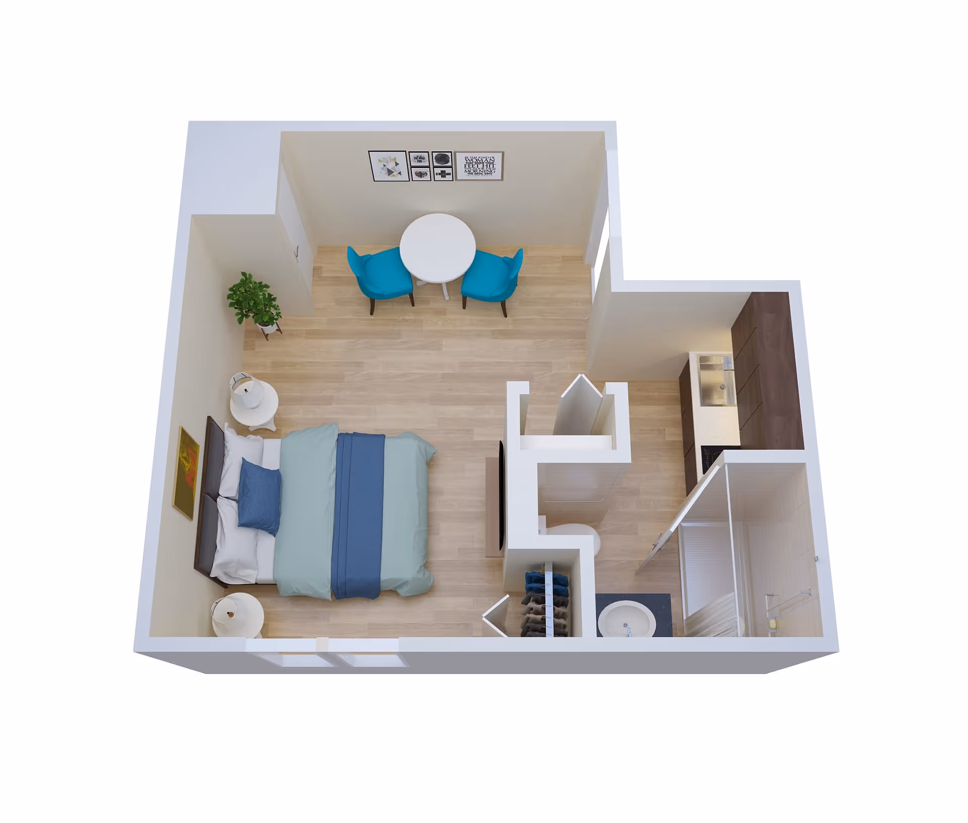 3D floor plan rendering of a studio apartment showing a bed, small dining area, kitchenette and bathroom.