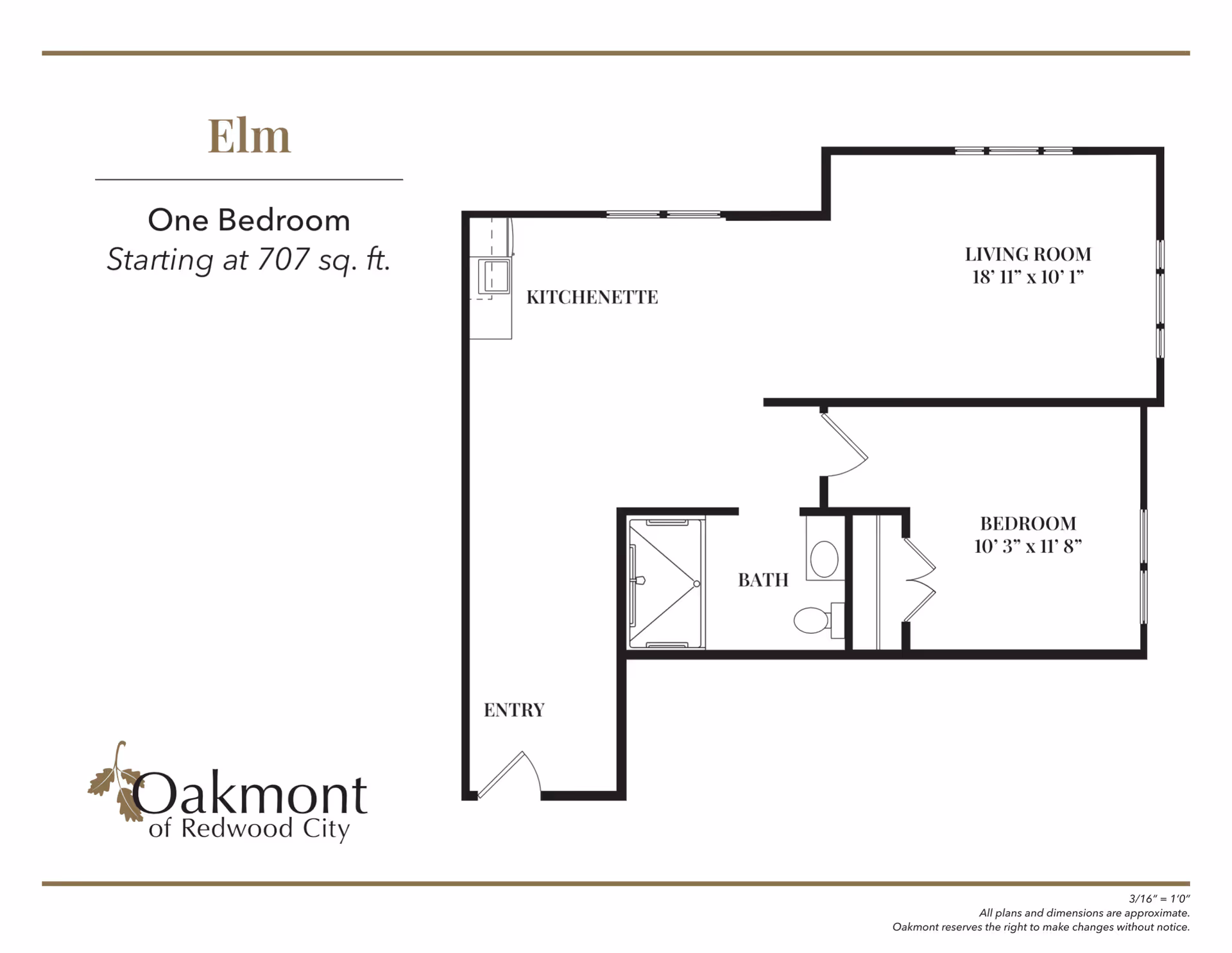 Floor plan of Elm one-bedroom apartment at Oakmont of Redwood City, starting at 707 sq. ft. The layout includes an entry, kitchenette, living room measuring 18' 11" x 10' 1", bedroom measuring 10' 3" x 11' 8", and a bathroom.