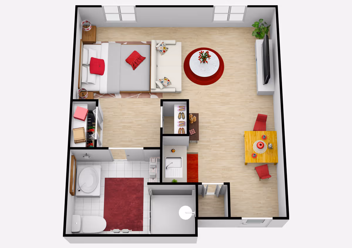 Top-down view of a one-bedroom apartment floor plan featuring a bedroom with a bed, nightstands, and a small sofa, a bathroom with a bathtub, toilet, and sink, and an open living area with a dining table, chairs, TV, and a small kitchen area with a sink and storage.