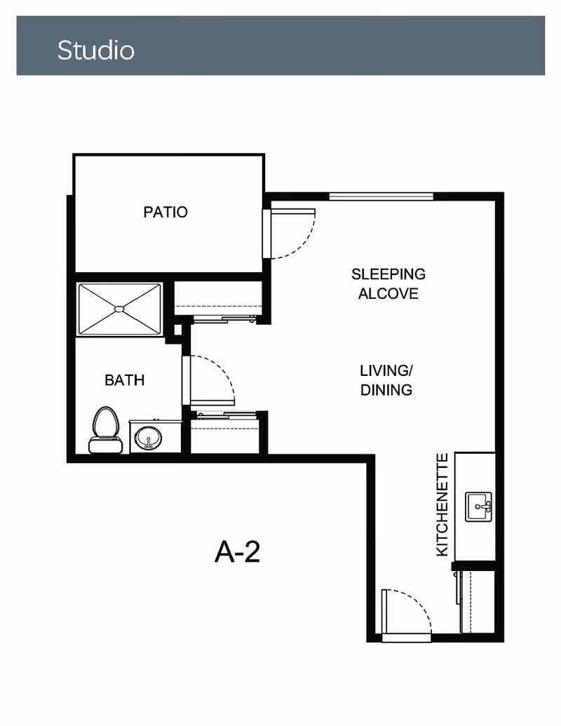 Floor plan of a studio apartment at Holiday Blue Water Lodge showing a patio, bath with toilet and sink, sleeping alcove, living/dining area, and kitchenette.
