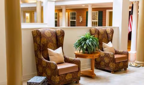 Two patterned armchairs with a round wooden table and plant in a cozy lounge area.