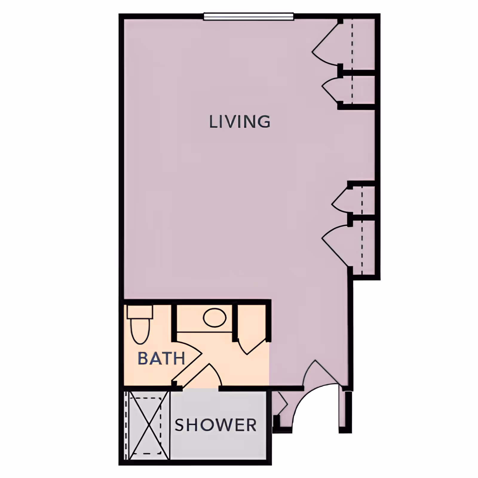 Floor plan of a studio unit with a large living area, a bathroom, a separate shower, and closets.