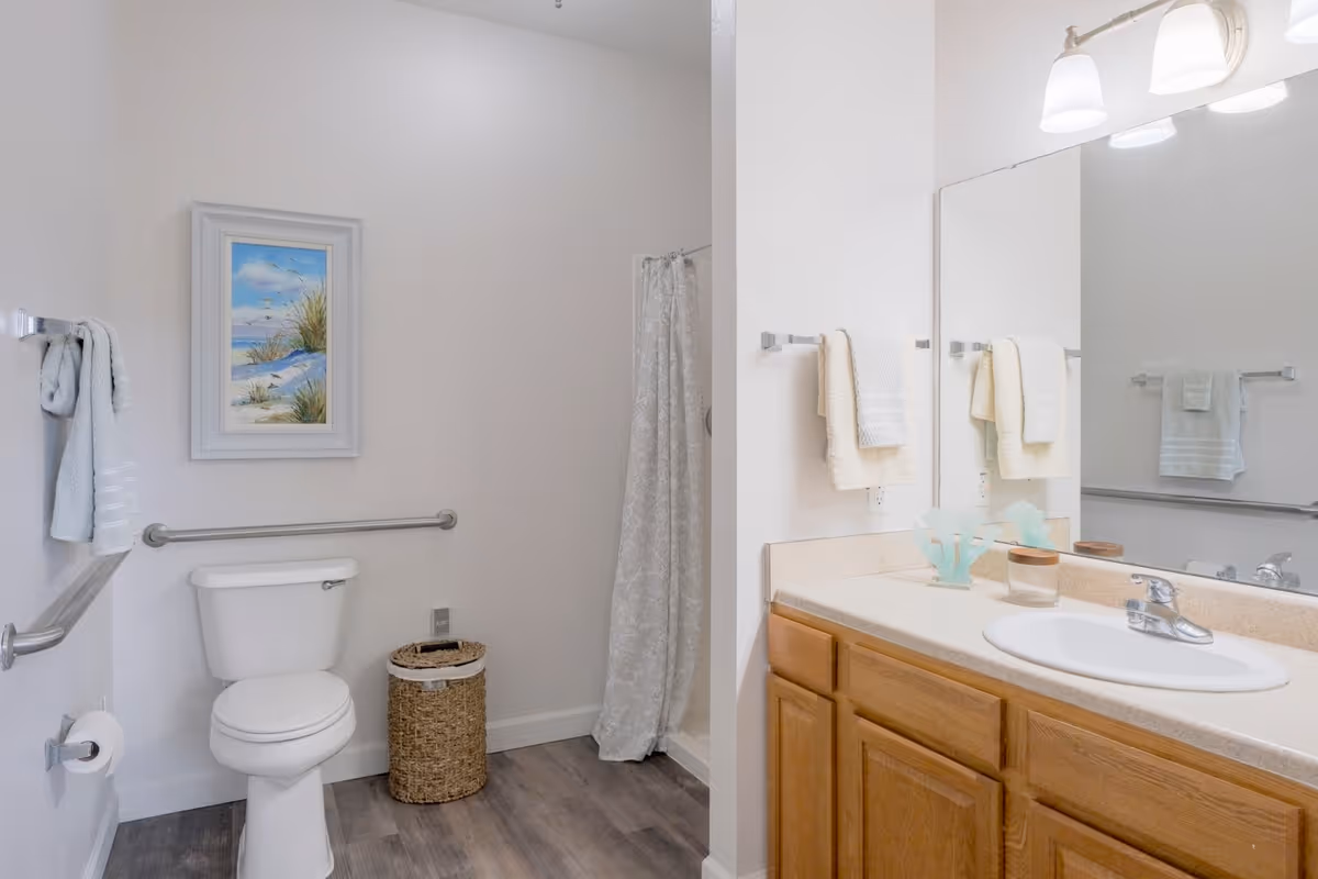 A clean and bright bathroom featuring a white toilet with grab bars on the walls, a wicker wastebasket, a shower with a patterned curtain, a wooden vanity with a sink, a large mirror, and two wall-mounted light fixtures. Towels hang on towel racks, and a framed beach-themed painting is on the wall above the toilet.