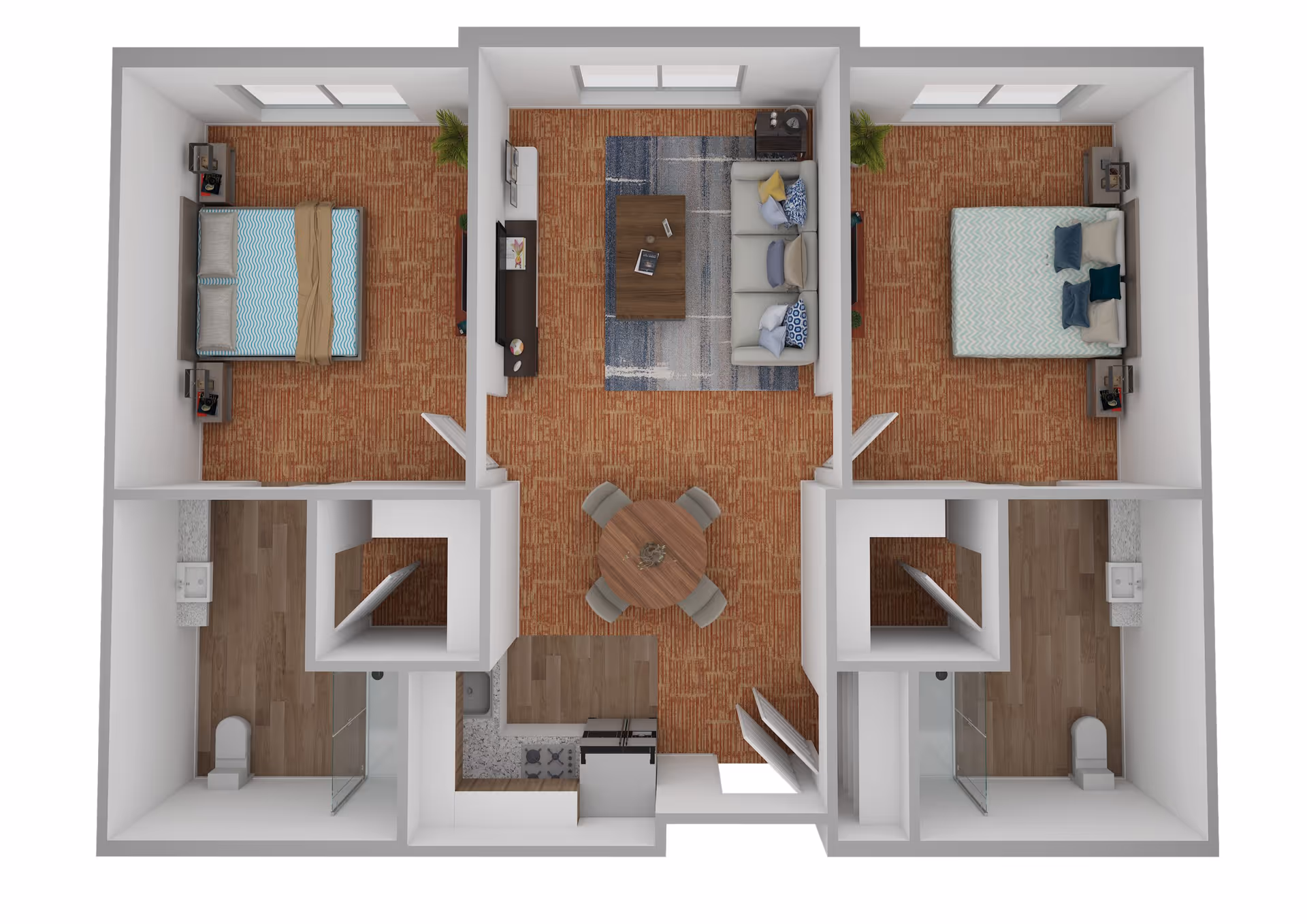 Top-down 3D floor plan of an apartment with two bedrooms, two bathrooms, a kitchen, a dining area with a round table and four chairs, and a living room with a sofa, coffee table, TV, and rug. Each bedroom has a bed, nightstands, and windows.