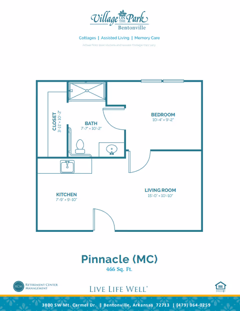 Teal floor plan for 'Pinnacle (MC)', a 466 sq. ft. one-bedroom, one-bath apartment showing labeled kitchen, living room, bedroom, bath, and closet.