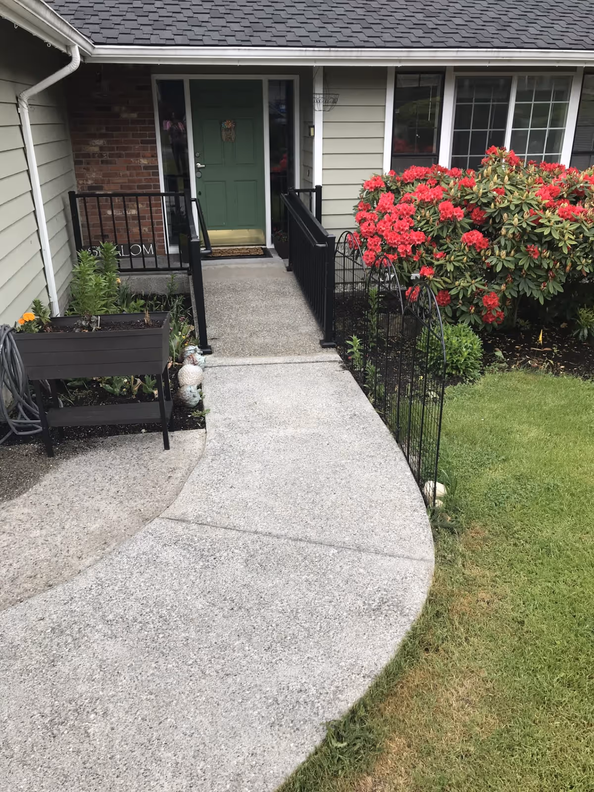 Front entrance of a house with a green door, a concrete pathway leading up to it, black metal railings on both sides of the path, a flower bed with red blooming flowers on the right, and a small raised planter box on the left.