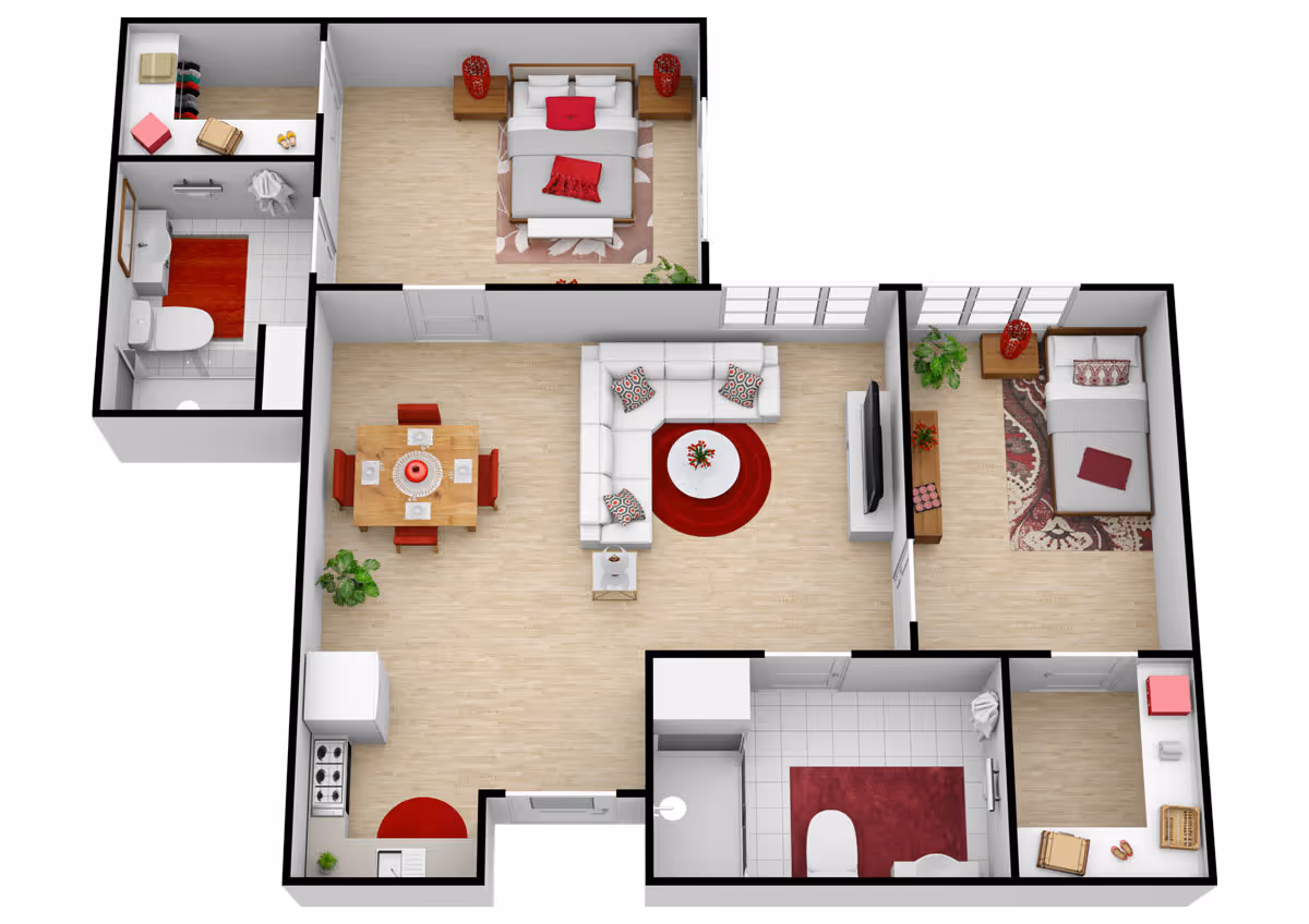 3D floor plan of an apartment with two bedrooms, two bathrooms, a kitchen, a dining area, and a living room. The master bedroom has a double bed with two nightstands and red lamps. The second bedroom has a single bed with a nightstand and a red lamp. The living room features a white sectional sofa, a round red rug, a coffee table, and a TV on a stand. The dining area has a wooden table with four red chairs. The kitchen includes a stove, refrigerator, and sink. Both bathrooms have a toilet, sink, and shower. There are also closets and plants in the layout.
