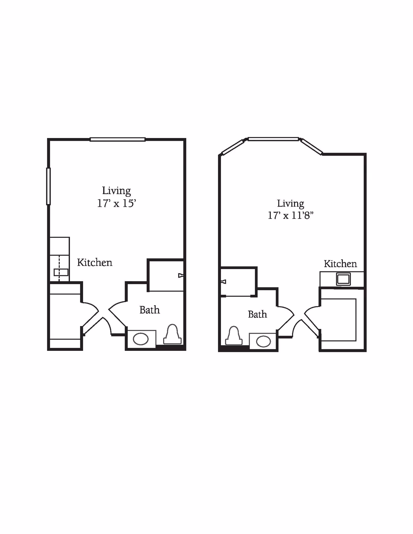 Two black and white architectural floor plans showing layouts with labeled areas including Living, Kitchen, and Bath. The left plan shows a living area measuring 17 feet by 15 feet, and the right plan shows a living area measuring 17 feet by 11 feet 8 inches.