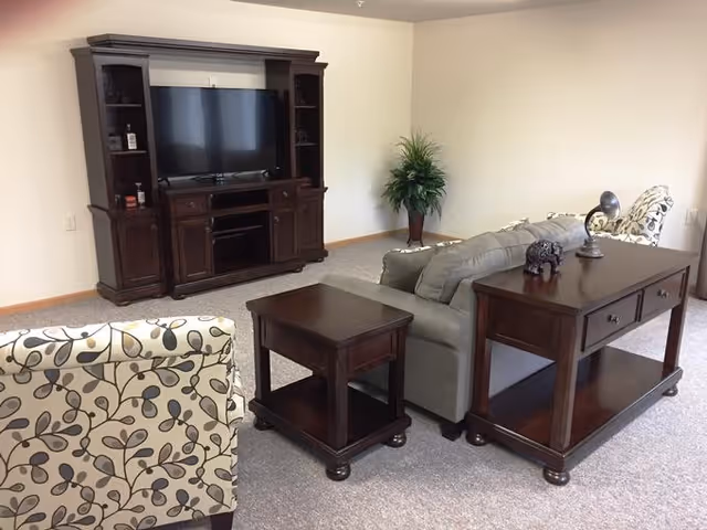 A living room with a large dark wood entertainment center holding a flat-screen TV, a gray sofa, two patterned armchairs with a leaf design, a dark wood side table, and a matching console table with decorative items. There is a potted plant in the corner and beige walls with carpeted flooring.