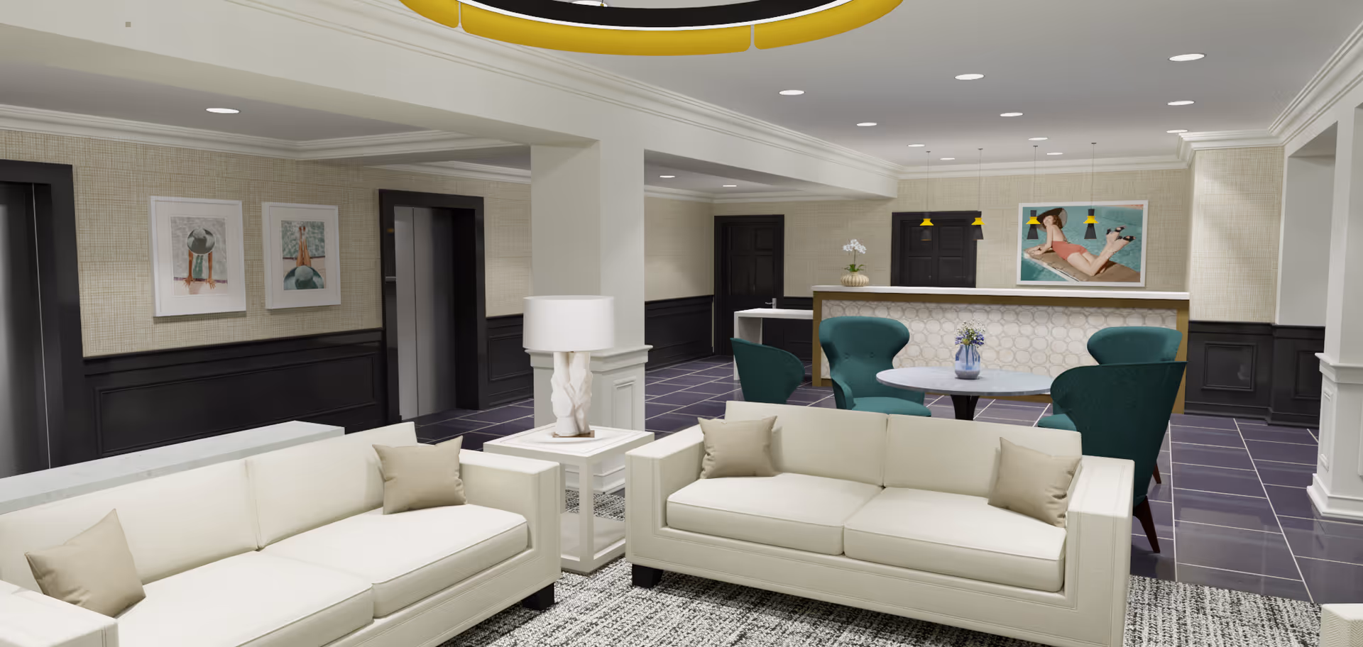 Bright modern lounge area with white sofas, green armchairs, and a reception desk in the background.