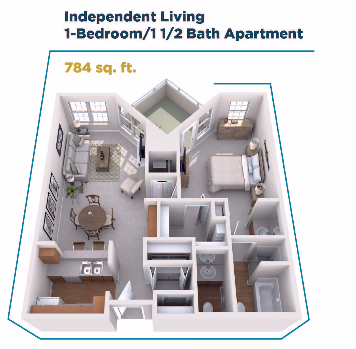 3D floor plan of an independent living 1-bedroom, 1.5-bath apartment measuring 784 square feet. The layout includes a kitchen with a sink and counter, a dining area with a round table and chairs, a living room with a sofa, armchair, coffee table, and TV, a bedroom with a bed and dresser, a half bathroom, a full bathroom with a bathtub, and a small balcony or patio area.