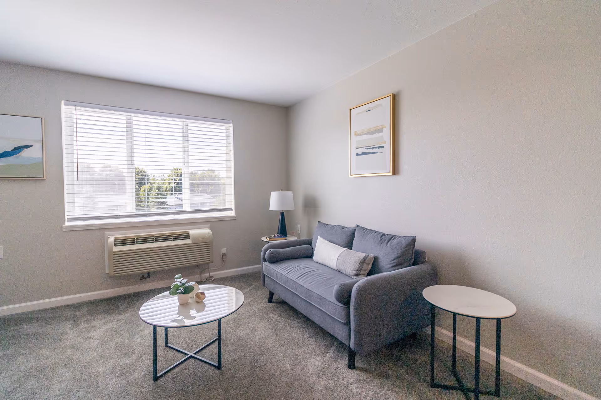 A small living room with a gray loveseat sofa adorned with two cylindrical pillows and a rectangular cushion. There is a round glass coffee table with a small plant and decorative items on it, and a round side table with a white top next to the sofa. A floor lamp with a white shade and blue base stands beside the sofa. The room has a large window with white blinds, an air conditioning unit below the window, and two framed abstract paintings on the walls. The floor is carpeted in gray.