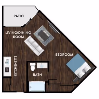 Floor plan of a senior living unit at Kipling Meadows Senior Living showing a patio, living/dining room with a sofa and coffee table, kitchenette, bathroom with toilet and sink, and a bedroom with a bed.