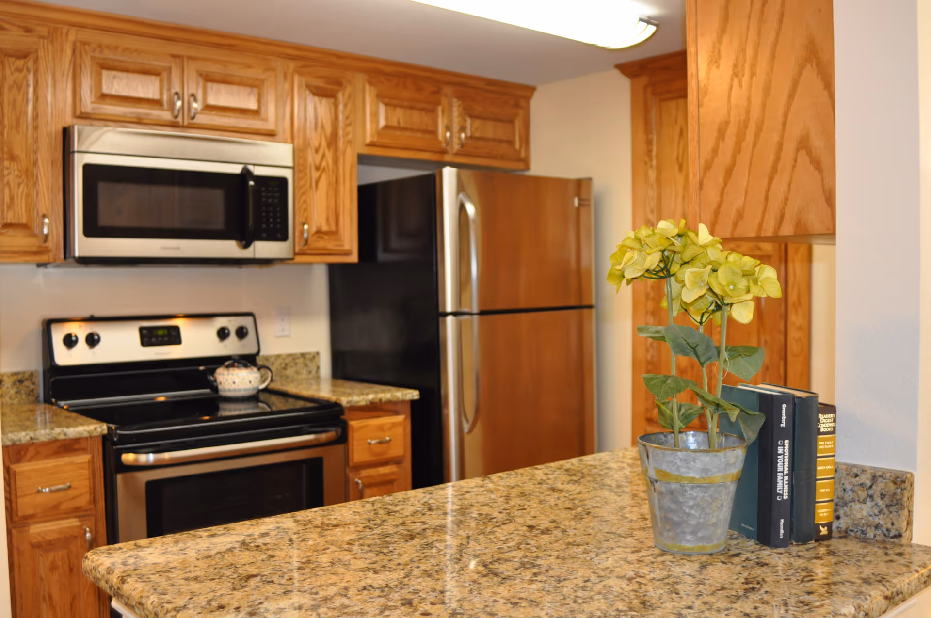 A kitchen with wooden cabinets, a stainless steel microwave and refrigerator, an electric stove with a teapot on it, and a granite countertop with a potted plant and two books.