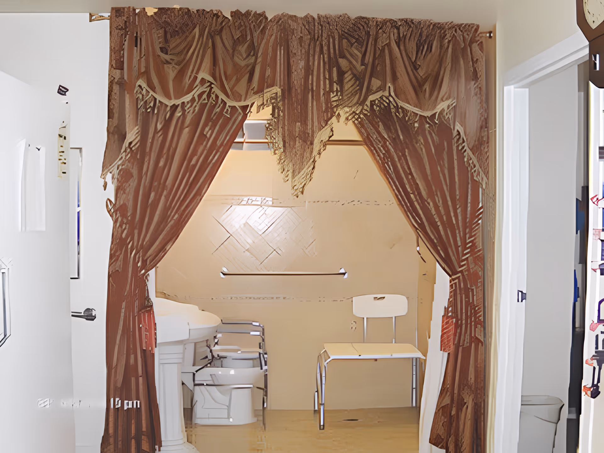 A bathroom with a white pedestal sink, a toilet, and a white chair. The bathroom is viewed through an open doorway framed by brown curtains.
