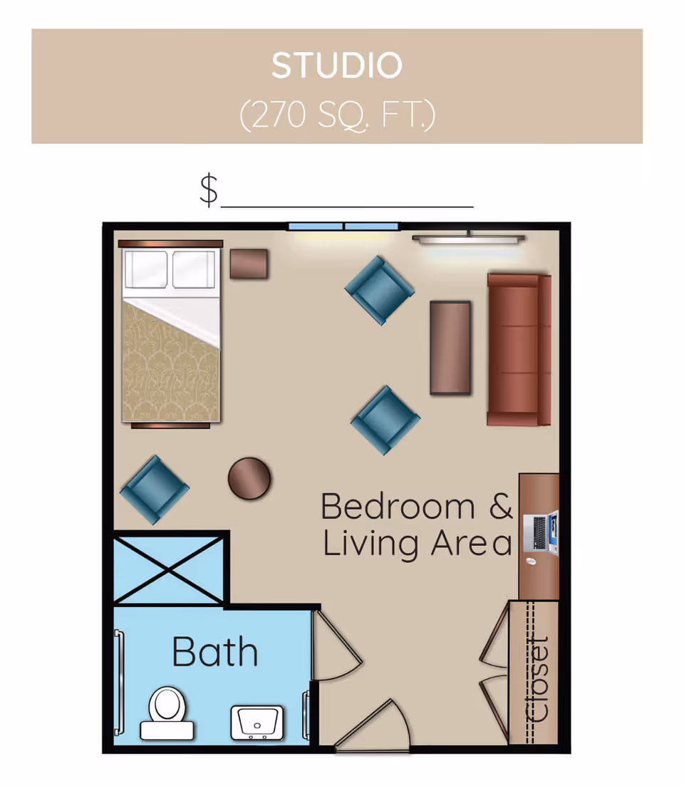 Floor plan of a studio apartment with 270 square feet, showing a combined bedroom and living area with a bed, three chairs, a coffee table, a sofa, a desk with a computer, and a closet. There is a separate bathroom with a toilet, sink, and shower.