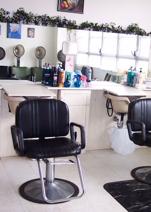 Interior of a hair salon area with black salon chairs, mirrors, and various hair care products on the counter. There are hair dryers mounted on the wall and decorative greenery above the mirrors.