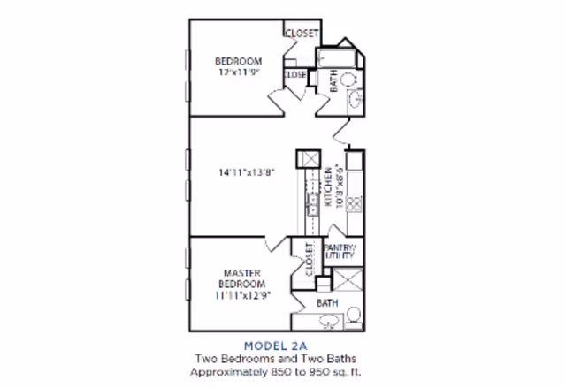 Floor plan labeled Model 2A showing two bedrooms and two bathrooms, with approximate area of 850 to 950 square feet. The layout includes a master bedroom, a second bedroom, two bathrooms, a kitchen, pantry/utility area, and closets.