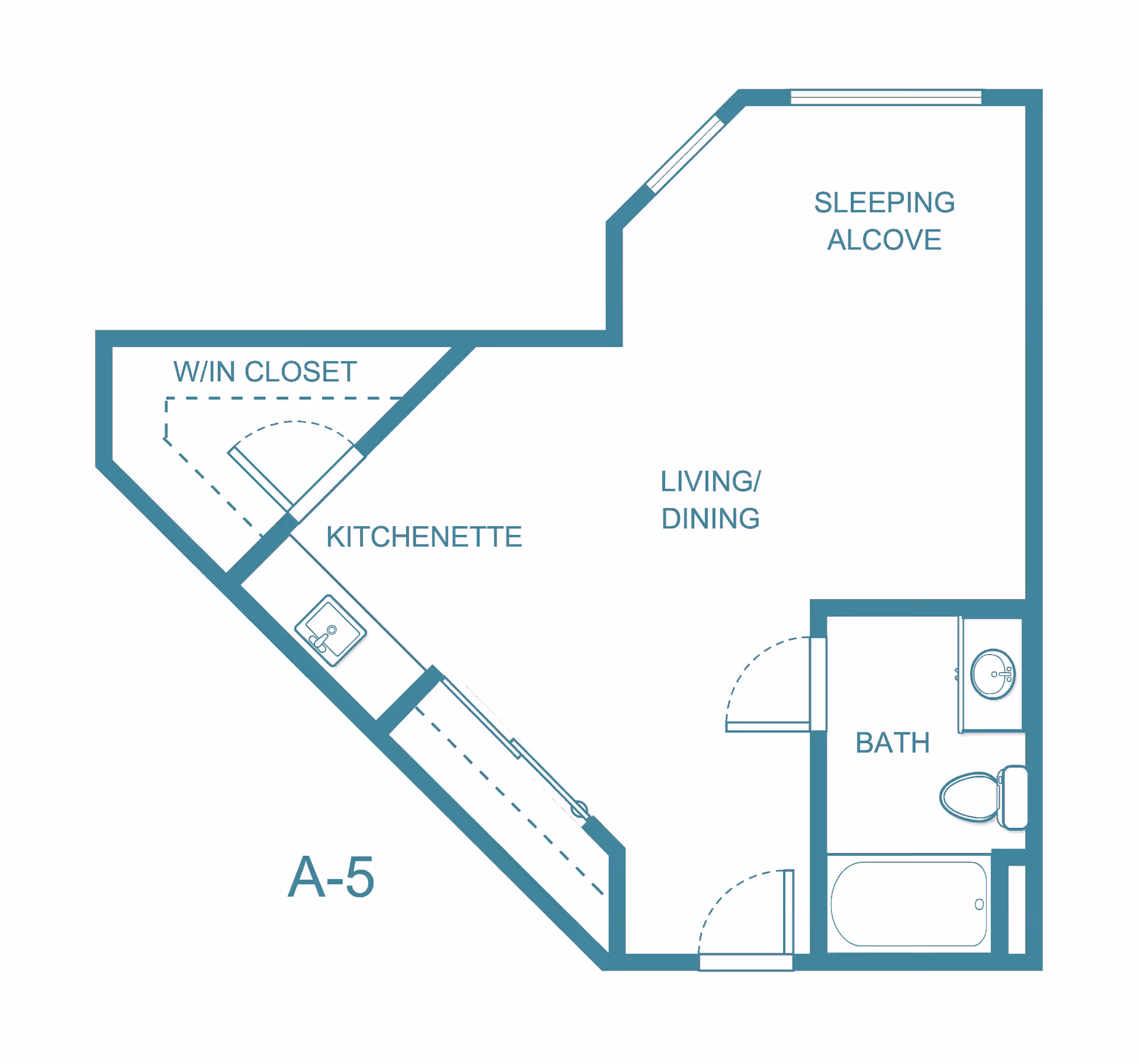 Floor plan layout of a studio apartment labeled A-5 featuring a sleeping alcove, living/dining area, kitchenette, walk-in closet, and a bathroom with a bathtub, toilet, and sink.