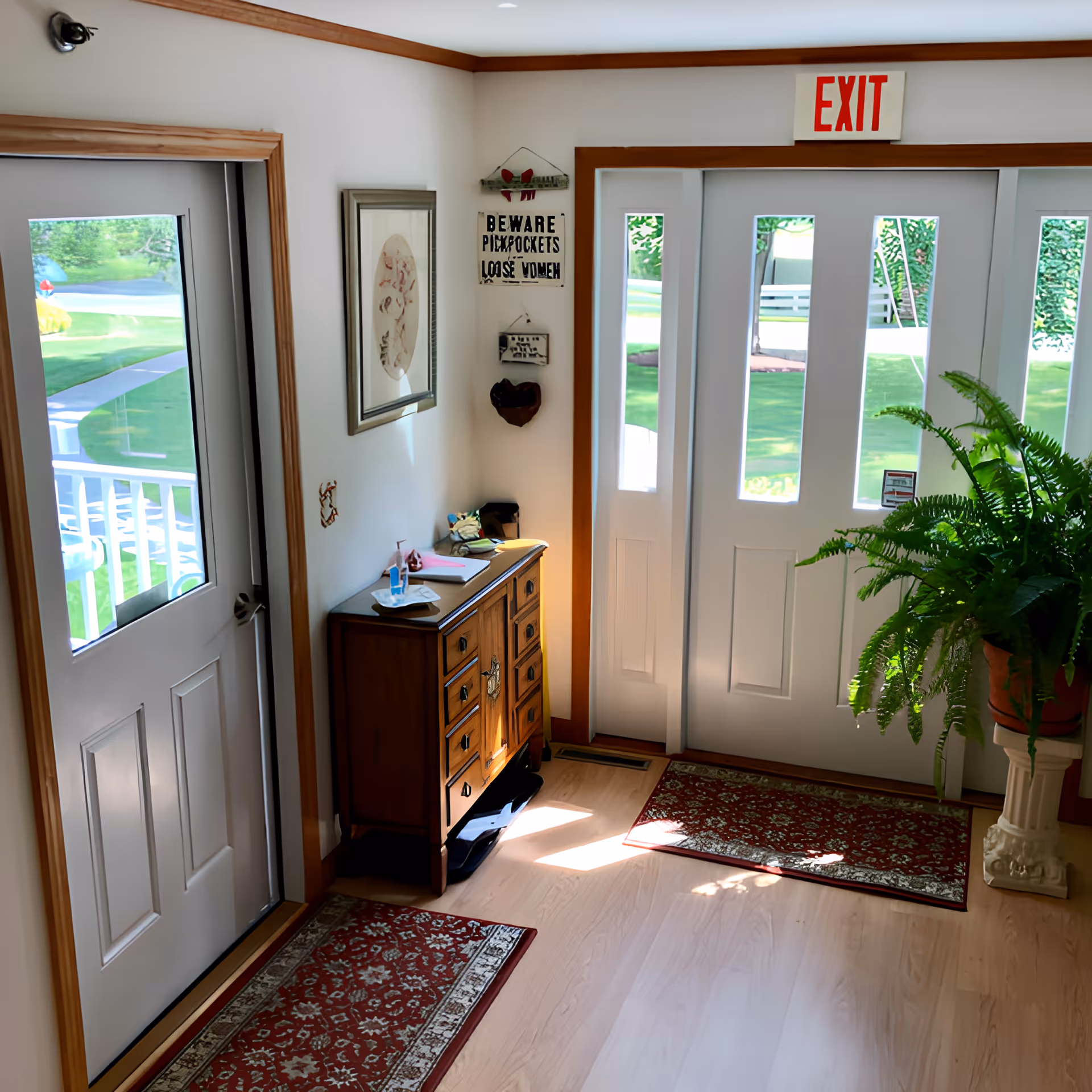 A bright entryway with white double doors featuring vertical glass panels, an exit sign above, a wooden sideboard with various items on top, framed artwork on the wall, two red patterned rugs on the light wood floor, and a large green potted fern on a white pedestal near the door.
