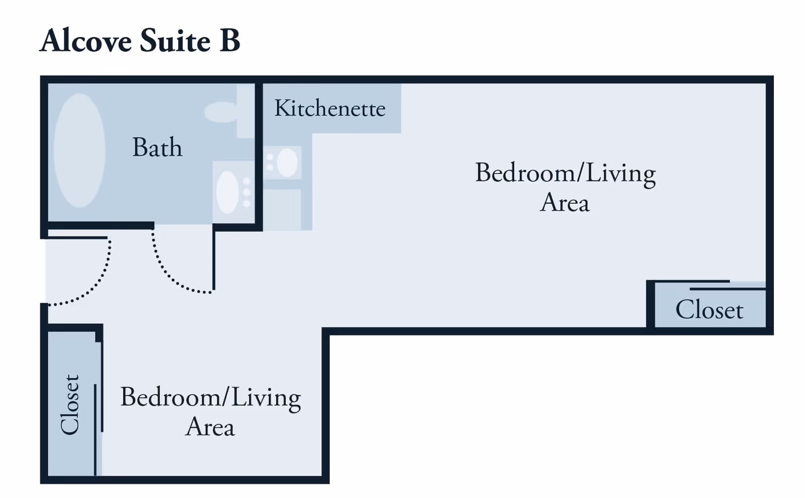 Floor plan labeled Alcove Suite B showing a layout with two bedroom/living areas, a bath, a kitchenette, and two closets.