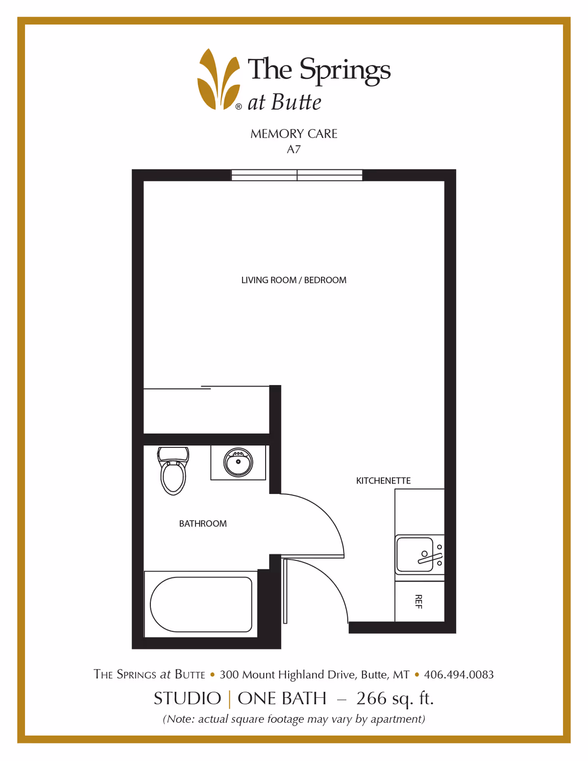 Floor plan for The Springs at Butte studio (266 sq. ft.) showing a living room/bedroom, kitchenette, and one bathroom.