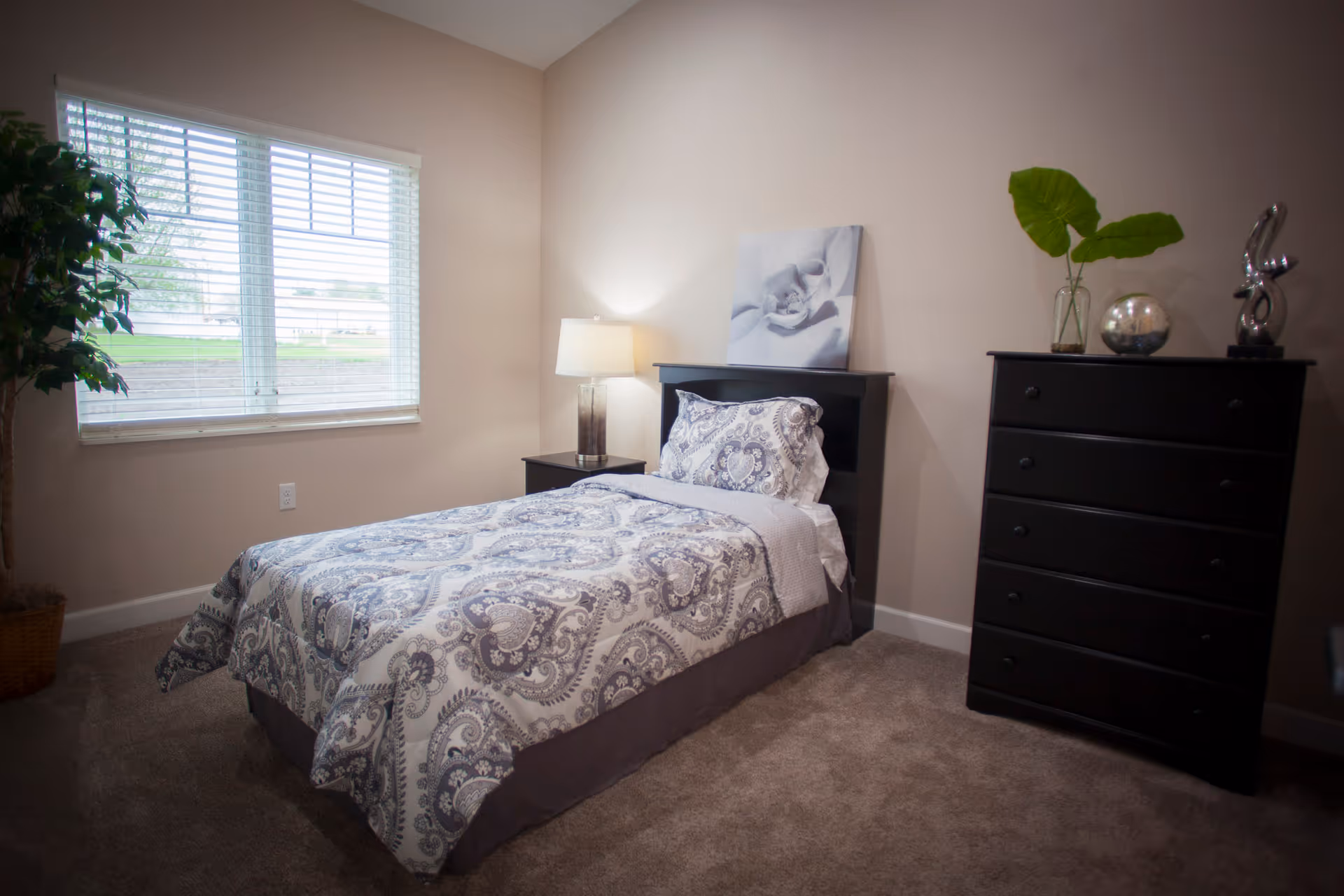 A cozy bedroom with a single bed covered in a patterned gray and white bedspread. Next to the bed is a nightstand with a lamp, and a large window with white blinds lets in natural light. Across from the bed is a black dresser with decorative items on top, including a vase with a large green leaf, a silver spherical object, and a modern sculpture. The walls are painted light beige and the floor is carpeted.