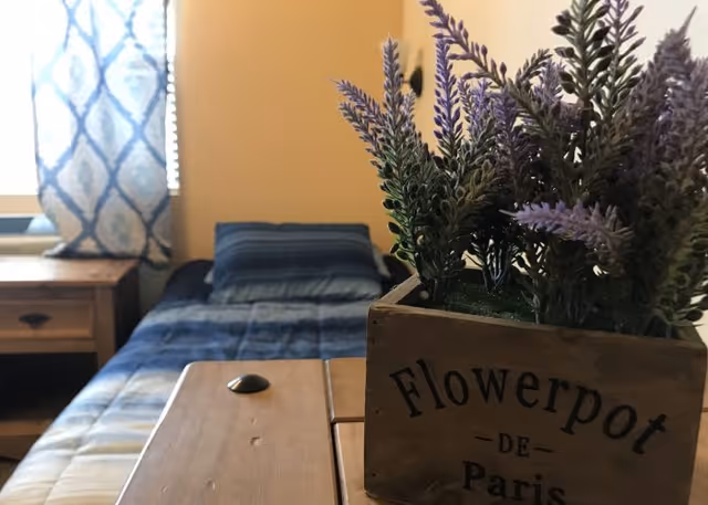 A small bedroom with a single bed and nightstand by a window, with a wooden 'Flowerpot de Paris' planter of purple flowers in the foreground.