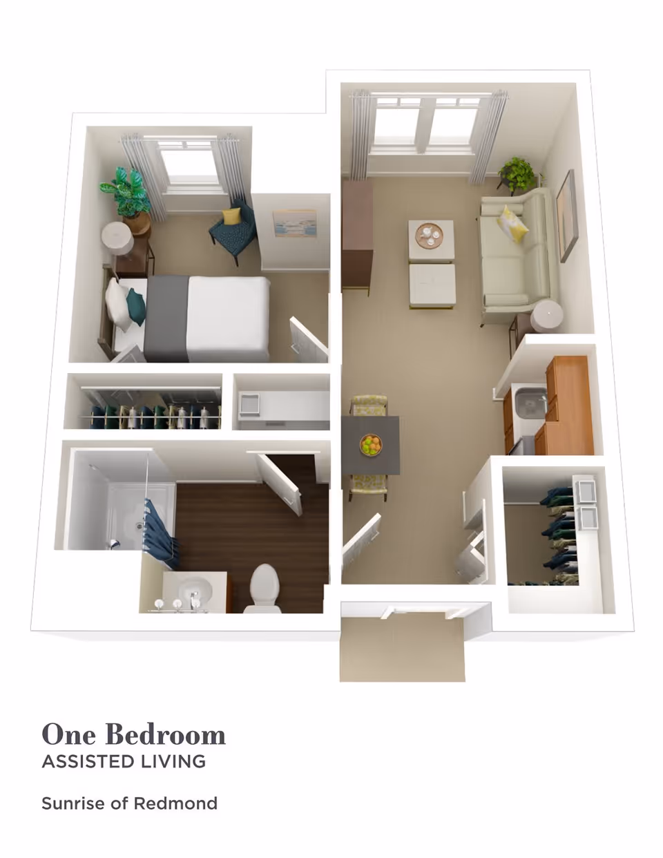 3D floor plan of a one-bedroom assisted living apartment at Sunrise of Redmond, showing a bedroom with a bed, chair, and plant; a bathroom with a shower, toilet, and sink; a living room with a sofa, coffee table, and plant; a dining area with a table and two chairs; a kitchen with cabinets and a sink; and two closets.