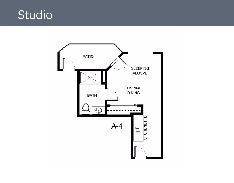 Floor plan of a studio apartment labeled A-4 at Asher Point Independent Living of Waco, showing a patio, bath with toilet and sink, sleeping alcove, living/dining area, and kitchenette.