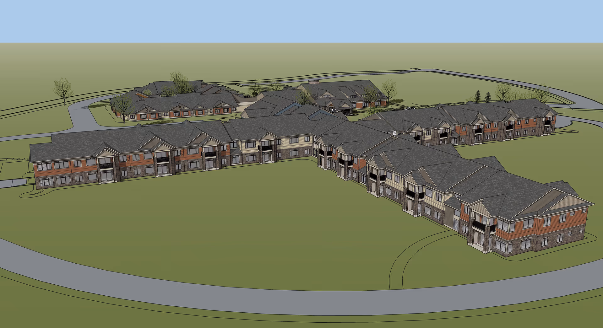 Aerial architectural rendering of a multi-building senior living complex on landscaped grounds.