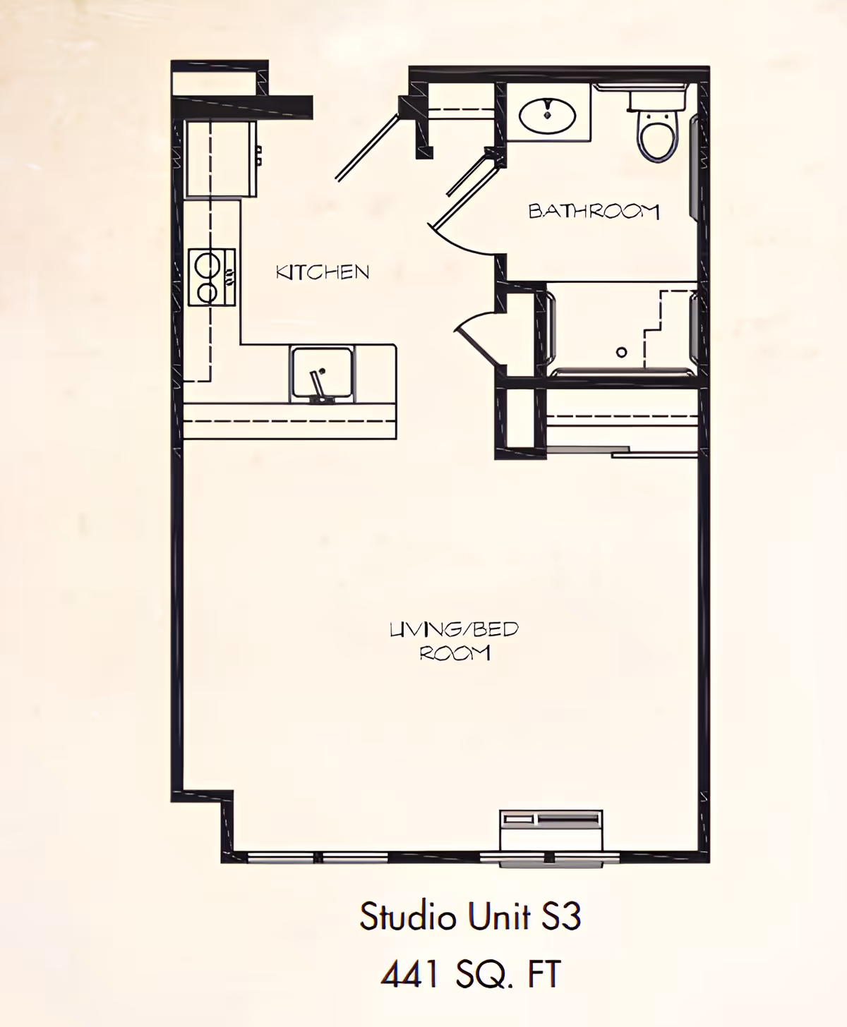 Architectural floor plan of a studio apartment labeled "Studio Unit S3, 441 SQ. FT." showing a kitchen, bathroom, and combined living/bedroom area.