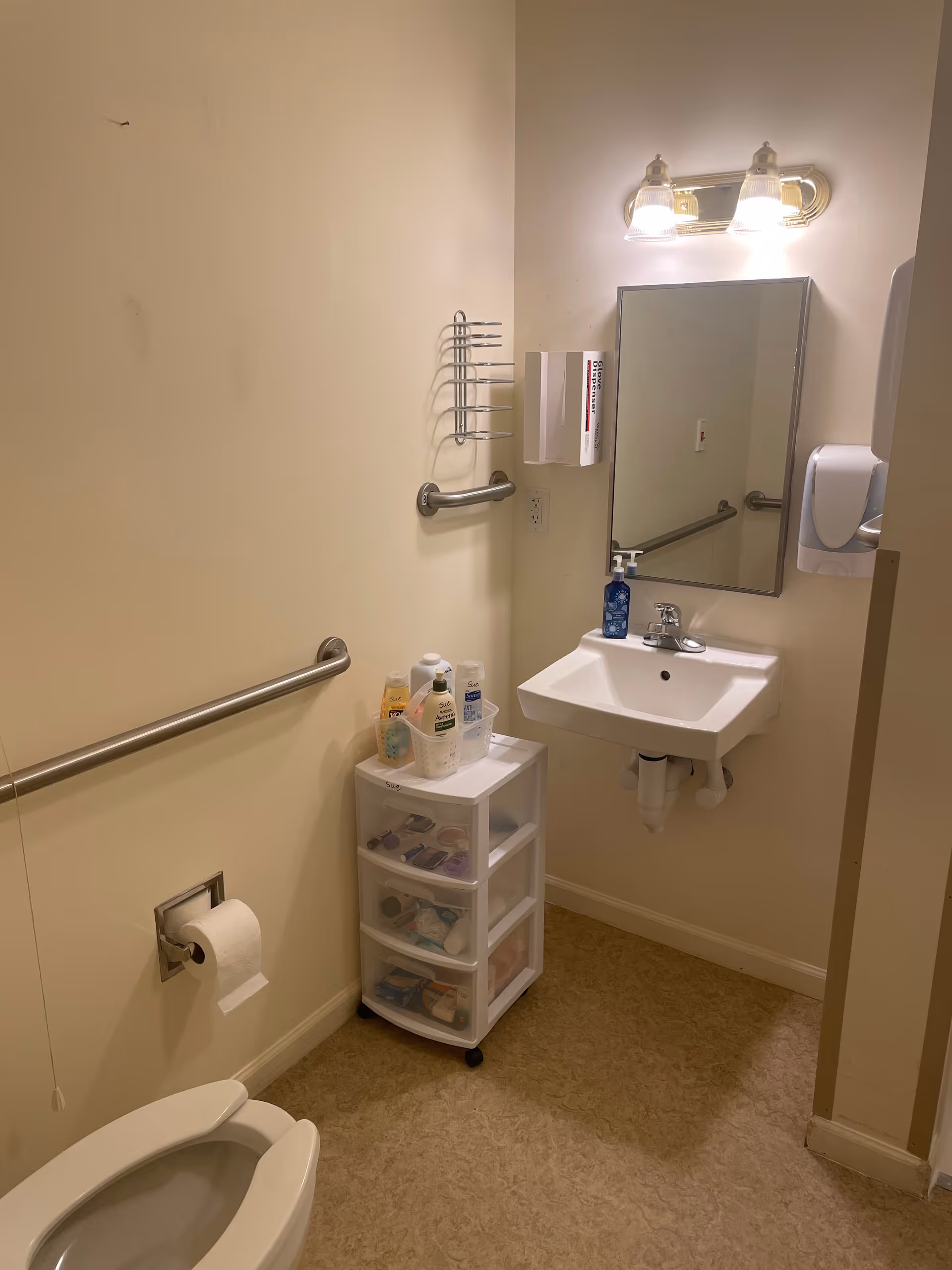 Small accessible bathroom with a toilet, wall grab bars, a sink with mirror and light, and a plastic drawer organizer holding toiletries.