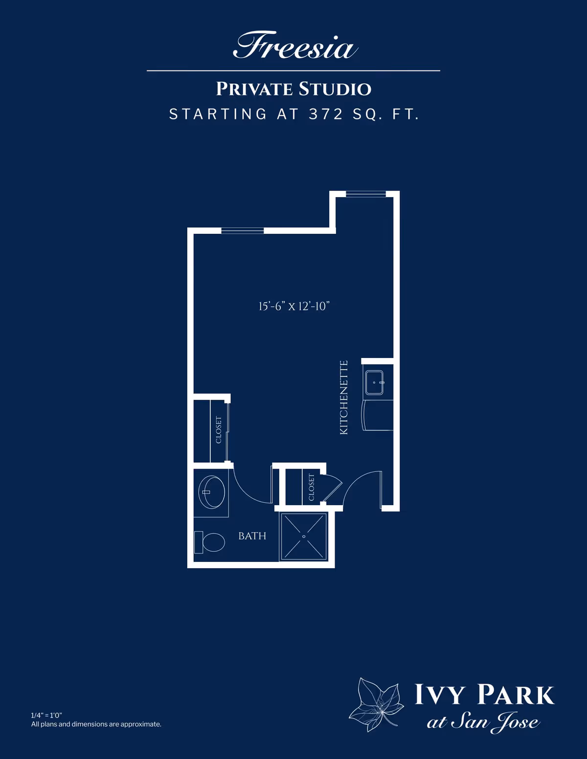 Floor plan of a private studio apartment named Freesia at Ivy Park at San Jose, starting at 372 square feet. The layout includes a main living area measuring 15 feet 6 inches by 12 feet 10 inches, a kitchenette, a bathroom with a shower, toilet, and sink, and two closets.